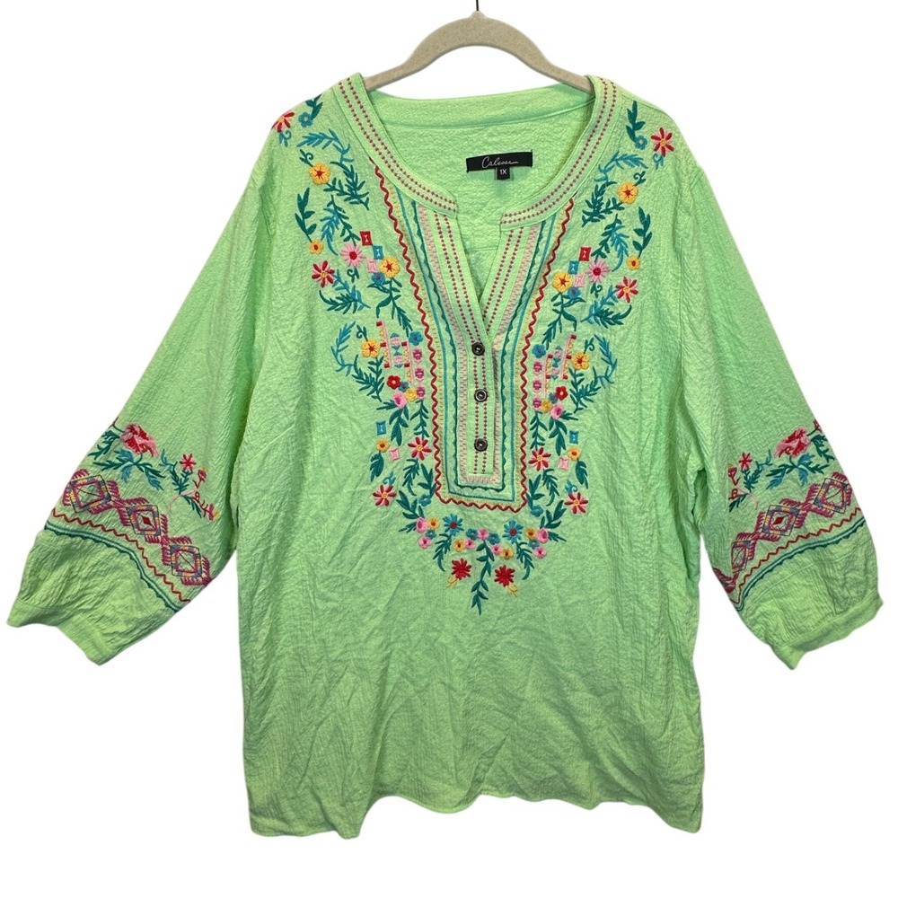 Caleaaa Womens 1X Green Embroidered Boho Peasant Blouse 3/4 Sleeve V-Neck